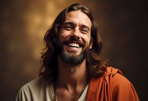 A peaceful representation of Jesus Christ, showcasing a joyful smile. His long hair frames his face under a gentle light, embodying deep love and warmth in a thoughtful moment.