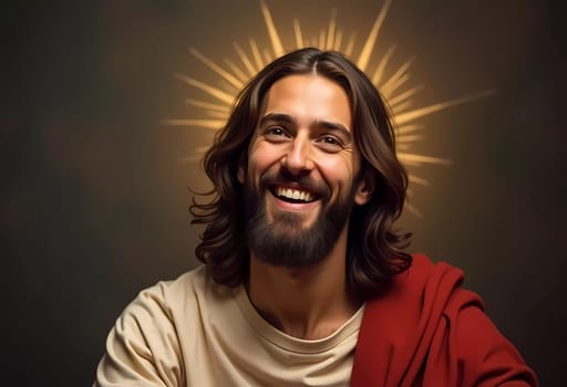 Capturing a moment of pure joy, a joyful figure embodies love and compassion, surrounded by a gentle glow that signifies divinity, radiating warmth and peace.