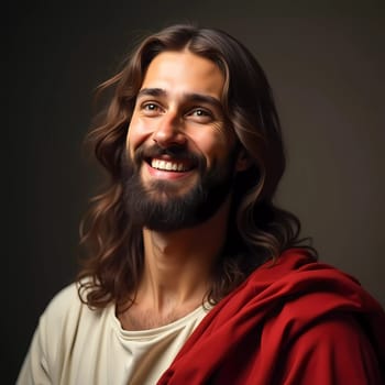 With a gentle smile and warm expression, Jesus Christ emanates joy and love.