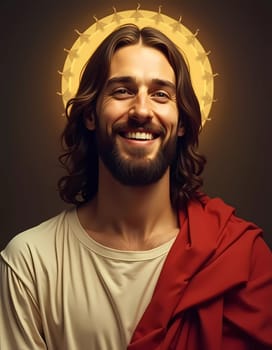 In a peaceful moment, a joyful Jesus Christ smiles radiantly, exuding love and compassion, surrounded by a serene golden halo that enhances his divine aura.
