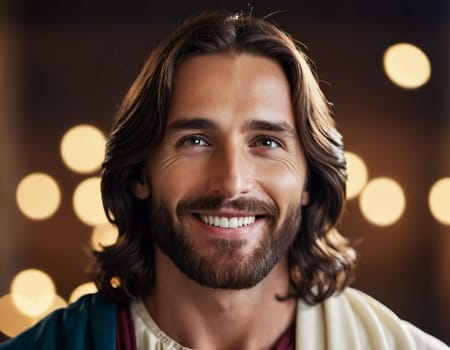 In a tranquil environment filled with gentle light, a figure of Jesus Christ shines with a warm smile, embodying kindness and compassion. His expression inspires comfort and hope.