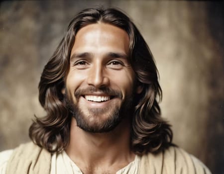 With a warm smile that embodies kindness and serenity, this depiction of Jesus Christ showcases his gentle spirit and deep inner peace, inviting comfort and inspiration.