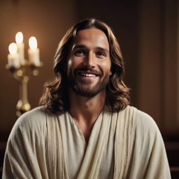 Amidst a softly lit environment, a figure embodying Christ exudes joy with a bright smile. The warm candlelight enhances the atmosphere, inviting peace and reflection.