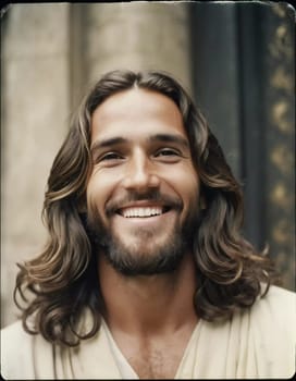 A radiant figure emanates joy and tranquility, adorned with flowing hair and a gentle smile. Set against an ancient background, this presence invites reflection and solace.