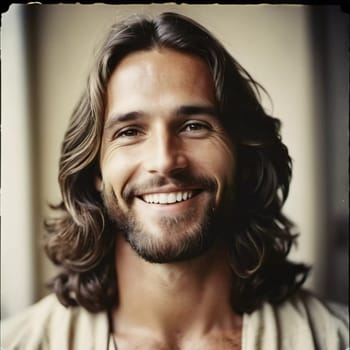 With flowing hair and a heartfelt smile, a figure embodies love and kindness, capturing a moment of tranquility in a peaceful atmosphere that inspires hope and faith.