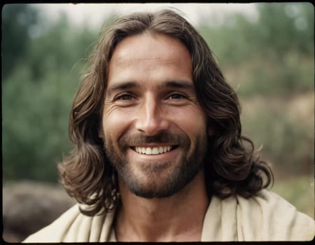 A figure with long hair and a radiant smile stands amidst a lush green backdrop, radiating warmth and positivity, inviting a sense of joy and peace in the atmosphere.