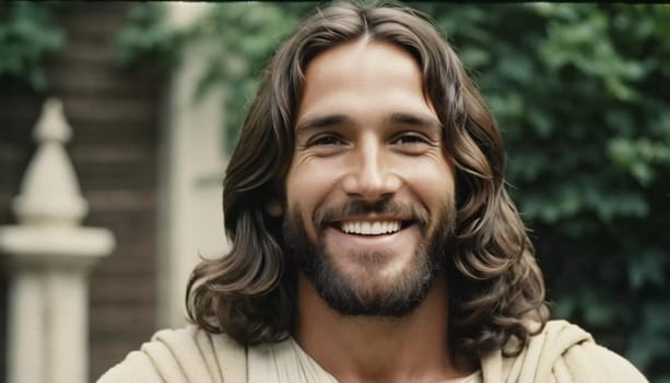 Joy radiates from the figure resembling Jesus Christ, whose long hair and beard complement an inviting smile.