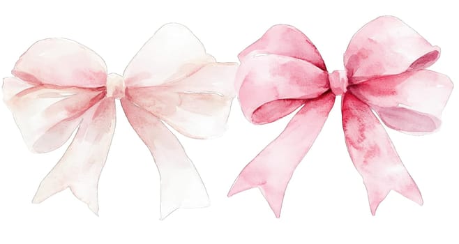 Two beautiful watercolor bows in soft pastel colors showcase a playful design, perfect for adding charm to gift wrapping, scrapbooking, and other creative projects. Ideal for festive occasions.
