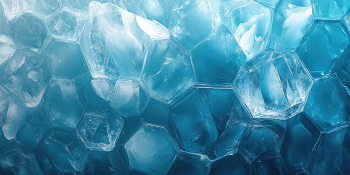 Cold blue and white tones create an abstract background featuring a hexagonal pattern. The smooth reflections and ice-like texture evoke a frozen aesthetic with high detail.
