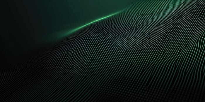 Abstract lines form a high-tech digital matrix effect in dark green and black hues. The sharp structure evokes a cybernetic aesthetic, offering a glimpse into a futuristic world.