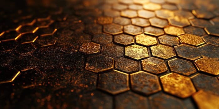 A stylish and premium abstract design features a hexagonal pattern with a golden metallic finish. The high-resolution details reveal smooth gradients and soft reflections, emphasizing luxury.