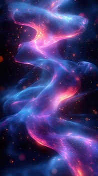 Intricate abstract lines swirl through a cosmic landscape, displaying energetic waves in dark purple and blue hues. The starry glow enhances the futuristic and elegant ambiance, captivating viewers.