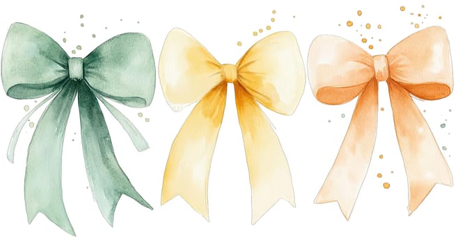 Three beautifully designed bows in soft watercolor hues of green, yellow, and peach are showcased, perfect for enhancing gift wrapping, scrapbooking, or artistic endeavors.