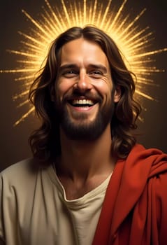 A joyful depiction of Jesus Christ exuding happiness and love. His radiant smile and warm expression convey a sense of peace and divine joy, set against a glowing halo background.