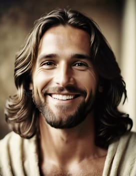 A luminous figure with long hair and a gentle smile radiates joy and peace. Set against a soft background, this presence evokes a sense of divine connection and tranquility.