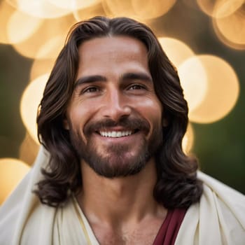 A serene moment captured as Jesus Christ smiles warmly, surrounded by a soft golden light that enhances the peaceful atmosphere, inviting connection and reflection.