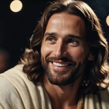 In a serene atmosphere illuminated by soft candlelight, a figure expresses genuine joy and warmth, radiating a sense of divine love and connection, inspiring those around him.
