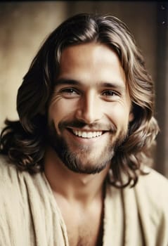A gentle figure beams with a warm smile, embodying compassion and serenity. The soft lighting creates a peaceful ambiance, enhancing the moment's uplifting spirit.