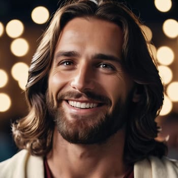 A radiant figure of Jesus Christ smiles warmly, embodying compassion and hope.
