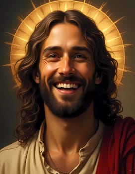 A figure exudes joy and love with a warm smile, illuminated by a radiant halo. The setting is serene, evoking a feeling of peace and blissful divinity in this moment.