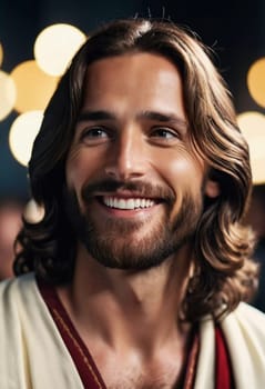 In a moment of serene warmth, Jesus Christ smiles brightly, embodying love and hope. The soft glow of ambient lights enhances the atmosphere, evoking a sense of joy and peace.
