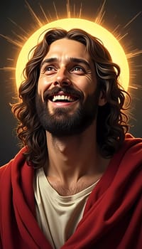 A radiant portrayal captures Jesus Christ smiling deeply, embodying joy and love.