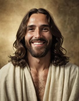 In a peaceful moment, a serene figure radiates warmth and kindness, embodying love and compassion with a radiant smile. The golden backdrop enhances the sense of tranquility.