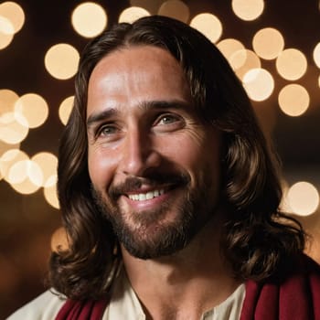 A warm and inviting smile lights up the face of Jesus Christ, illuminated by soft, shimmering lights that create an ethereal ambiance in the background. Spiritual serenity abounds.