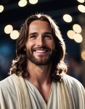 A charismatic figure exudes warmth, showing a wide smile amidst a festive atmosphere. Surrounding lights create a magical ambiance, inviting peaceful reflections.