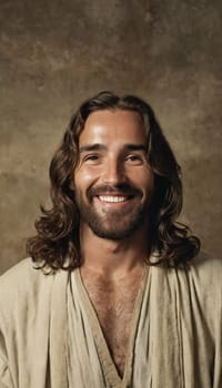 A figure embodies the essence of joy with a bright smile, long flowing hair, and a serene expression. Soft lighting accentuates his kind features, evoking a sense of calm and hope.