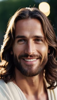 A serene figure with long hair and a gentle smile radiates warmth and compassion in a lush garden. Sunlight filters through the foliage, enhancing the tranquil atmosphere.