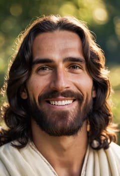 A serene figure, embodying the essence of Jesus Christ, smiles warmly against a backdrop of soft natural light, exuding peace and benevolence amidst the greenery.