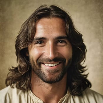 A joyful figure embodies compassion and warmth, radiating a smile that reflects divine love. The backdrop enhances a feeling of peace, inviting contemplation.