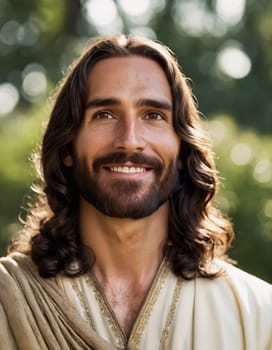 In a tranquil garden, Jesus Christ radiates joy with a warm smile, surrounded by lush greenery and soft sunlight, evoking a sense of peace and love in the atmosphere.