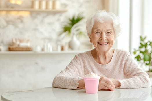 An elderly woman sits contently at a minimalist spa table, her forearms resting comfortably on the surface.