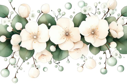 A detailed floral design featuring white blossoms surrounded by lush green leaves and decorative berries. The arrangement showcases a harmonious blend of color and form, ideal for various occasions.