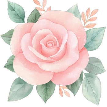 A soft pink rose blooms gracefully, surrounded by lush green leaves and gentle accents. This floral arrangement showcases the elegance of nature and its vibrant colors.
