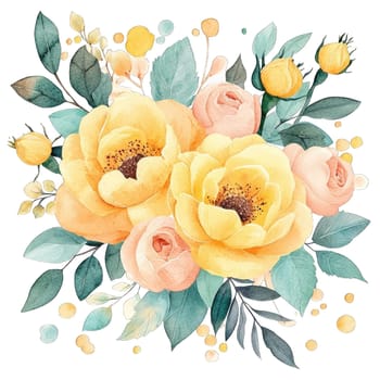 A vibrant watercolor artwork features a stunning arrangement of yellow and pink roses along with green leaves. The delicate flowers are accented by small yellow buds and light splashes of color.