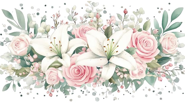 Soft pink roses and white lilies create an elegant floral arrangement. Delicate greenery and scattered dots enhance the composition, making it suitable for various decorative uses.
