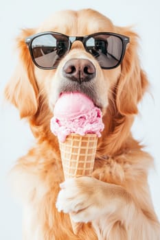 A golden retriever confidently holds a cone of pink ice cream, wearing sunglasses and maintaining a serious look. The minimalist setting features a full-face view against a white background.