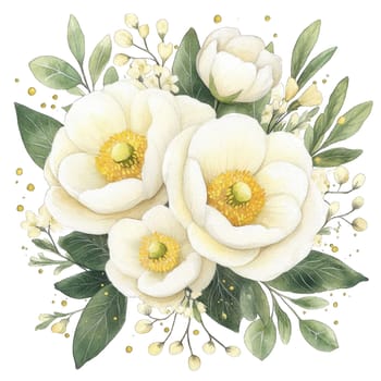 This composition showcases a beautiful arrangement of white magnolia flowers surrounded by lush green leaves and delicate buds. The soft colors create a serene and elegant atmosphere.