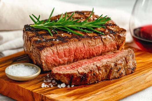 Sliced grilled steak with a golden-brown crust and tender inside is elegantly presented on a wooden board. Fresh rosemary and sea salt add flavor, while red wine enhances the refined atmosphere.