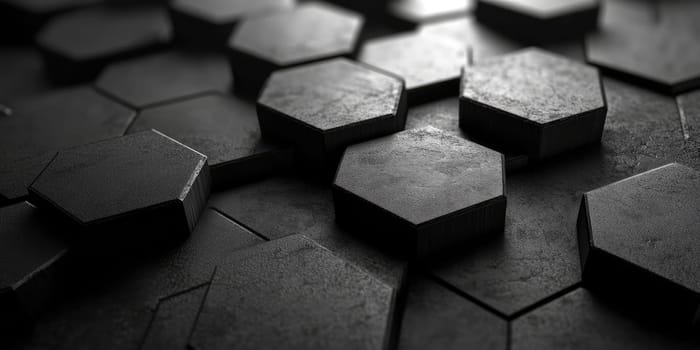 The composition showcases a hexagonal pattern featuring subtle embossed details, highlighted by soft lighting. The design exudes an industrial and modern feel, perfect for sophisticated projects.