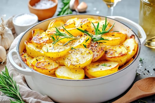 Golden and crispy layered potato bake sits in a white Dutch oven, infused with rosemary and roasted garlic, on a rustic wooden table, with soft light enhancing its creamy textures.