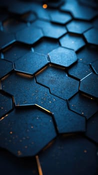 Hexagonal shapes create a striking abstract background featuring deep blue colors and metallic reflections. The smooth gradients and dynamic lighting add a modern, professional feel to the design.