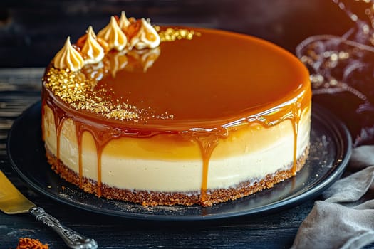 A caramel cake shines with a smooth glaze, reflecting warm light. It rests on a matte black plate with a vintage knife beside it, creating an enticing dessert display.