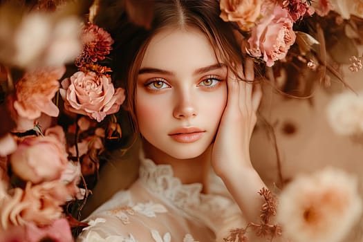 A romantic brunette with captivating eyes lightly touches her collarbone while surrounded by soft floral details. She gazes gently at the camera, creating an intimate connection in warm lighting.