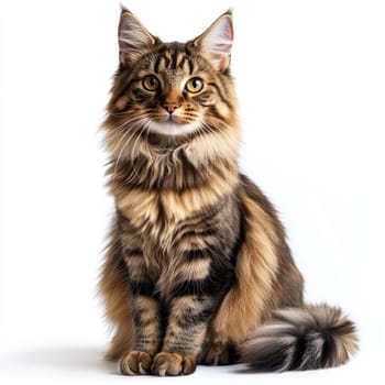 A Maine Coon cat with a fluffy brown tabby coat sits gracefully, looking directly at the camera with a serious expression. This full-length portrait highlights the cat's majestic features.