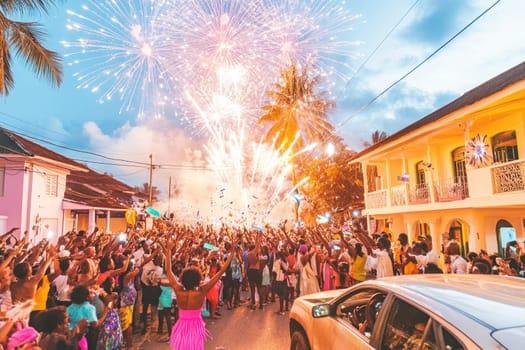 Fireworks burst across the night sky in Freetown, filling the air with vibrant colors. Crowds gather with laughter and excitement, celebrating a memorable event under the sparkling display.