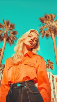 A glamorous blonde poses elegantly against stylized palm trees and a sun-faded cityscape. Soft afternoon light enhances her sophisticated look, embodying a vintage atmosphere that captivates.